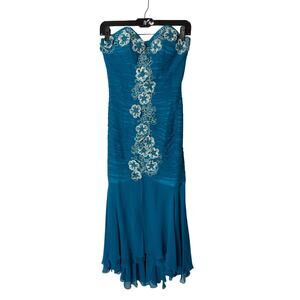 Bicici Y2K Teal Strapless Mermaid Gown Floral Embroidery Size Small